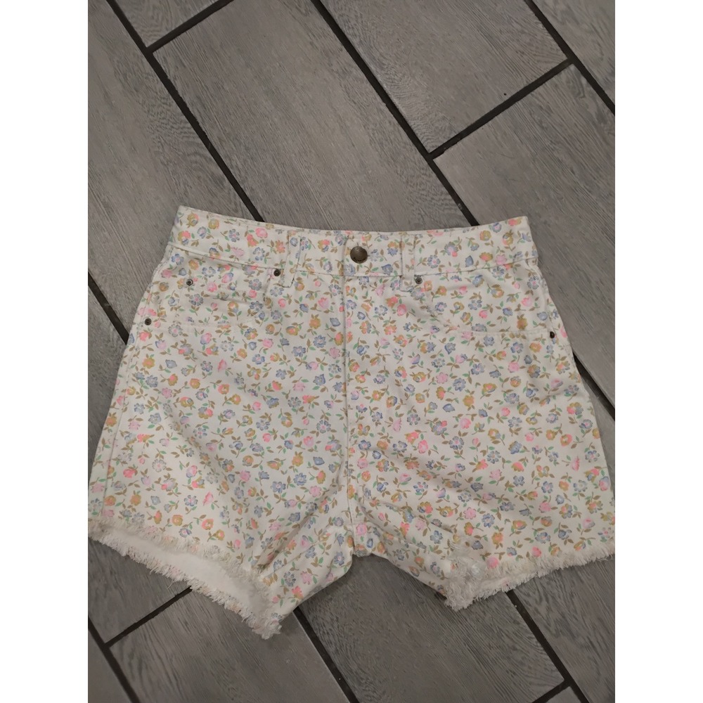 Billabong Womens White Floral Print‎ Denim Shorts Frayed Hem Size 28